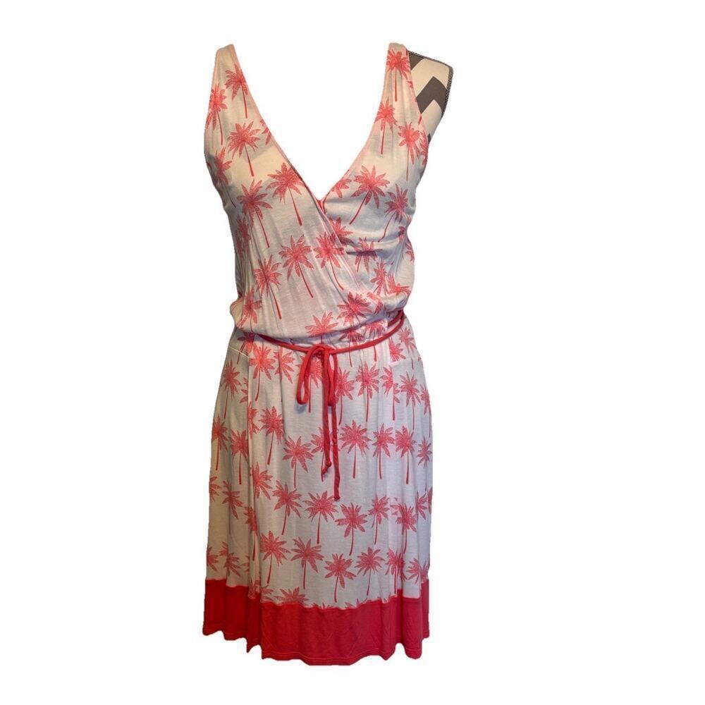 MNG Mango Mini Sundress Pink Palm Trees Large Elastic Waistband Tie V-neck Beach
